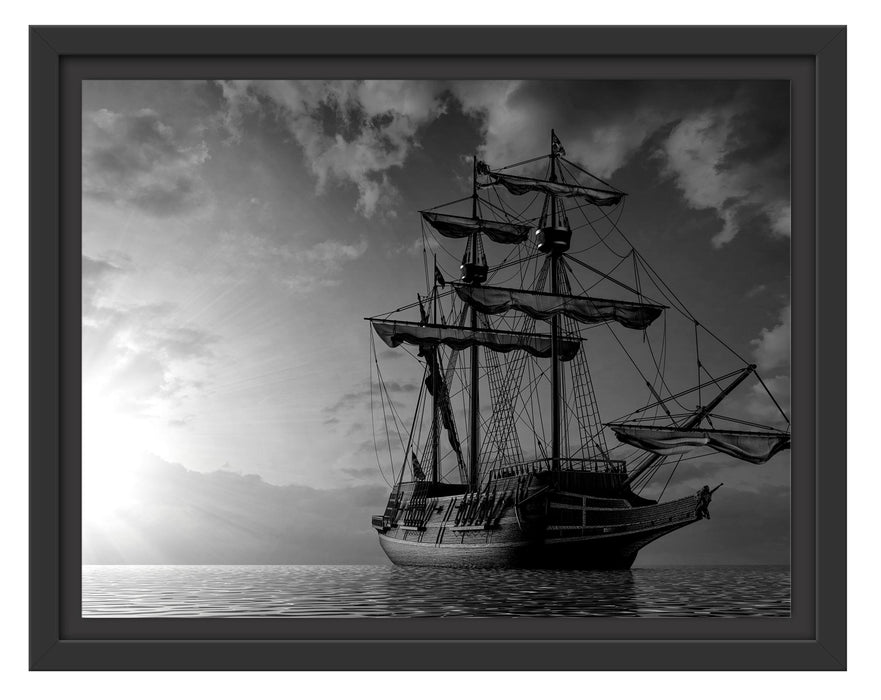 Pixxprint Großes Segelschiff im Sonnenuntergang, Monochrome, im Schwebe-Effekt Bilderrahmen