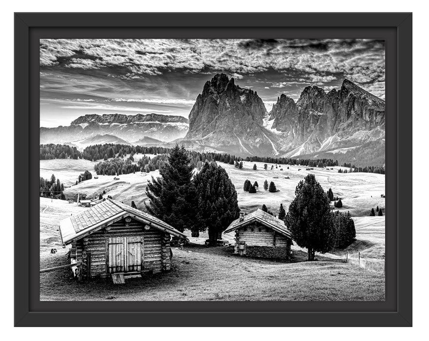 Pixxprint Blockhäuser in den Dolomiten, Monochrome, im Schwebe-Effekt Bilderrahmen