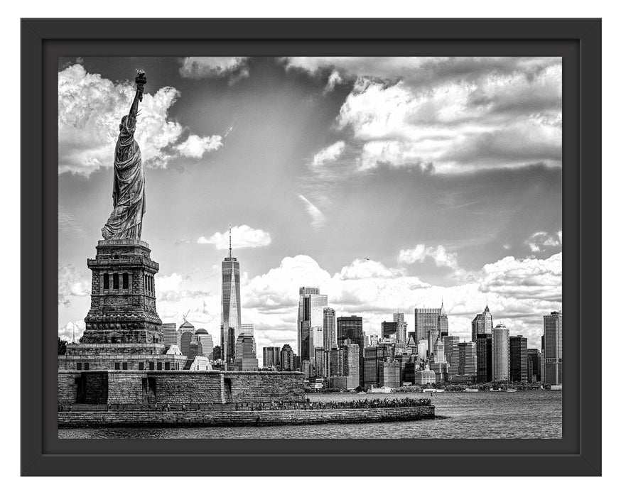 Pixxprint Freiheitsstatue mit New Yorker Skyline, Monochrome, im Schwebe-Effekt Bilderrahmen