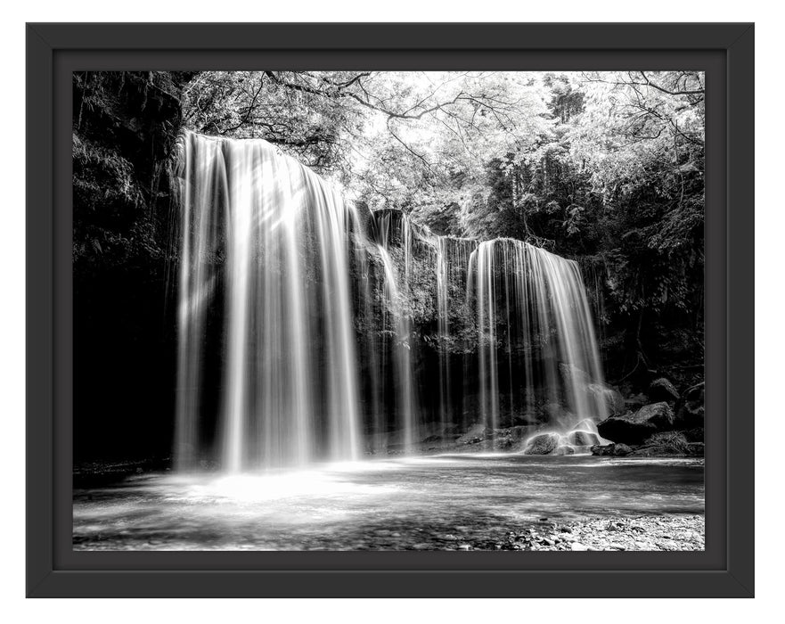 Pixxprint Tropischer Wasserfall im Wald, Monochrome, im Schwebe-Effekt Bilderrahmen