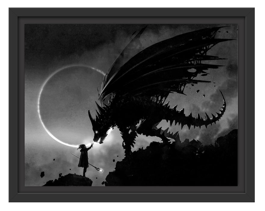 Pixxprint Zauberer und Drache bei Sonnenfinsternis, Monochrome, im Schwebe-Effekt Bilderrahmen