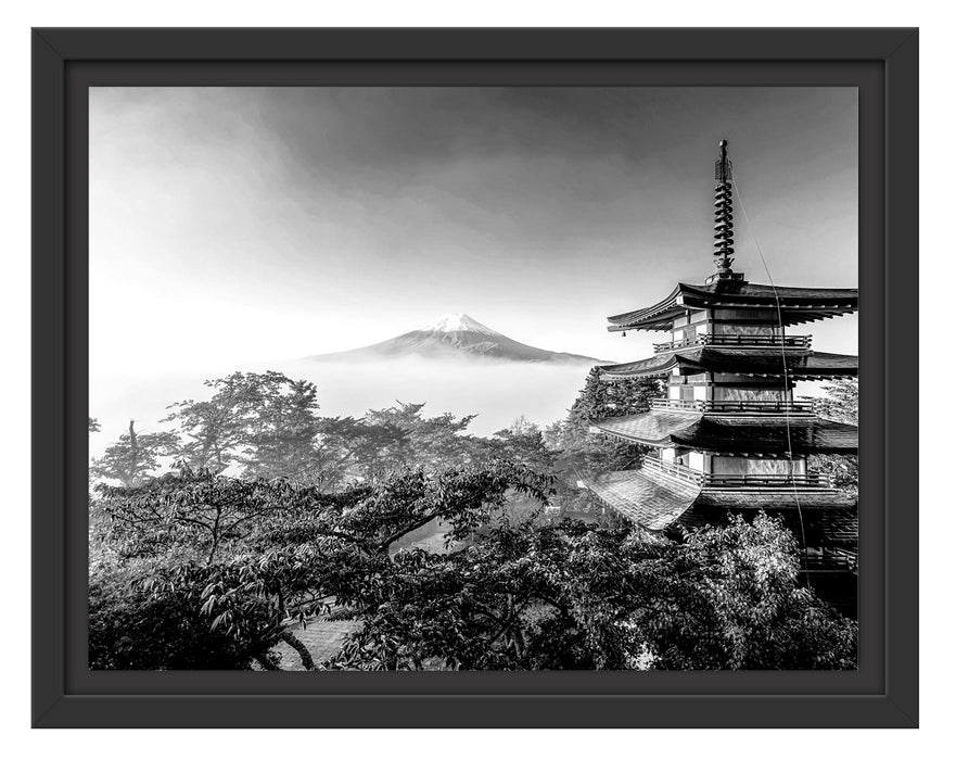 Pixxprint Japanischer Tempel in bunten Baumwipfeln, Monochrome, im Schwebe-Effekt Bilderrahmen