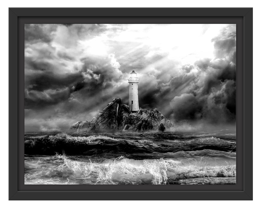 Pixxprint Sonnenstrahlen auf Leuchtturm im Sturm, Monochrome, im Schwebe-Effekt Bilderrahmen