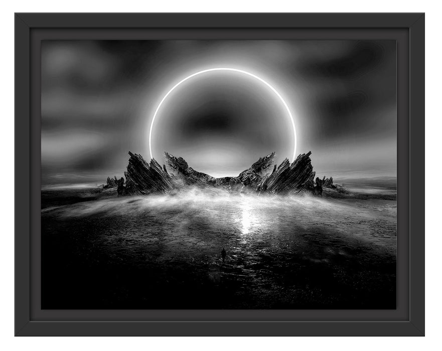Pixxprint Abstrakter Mond hinter Felsformation, Monochrome, im Schwebe-Effekt Bilderrahmen