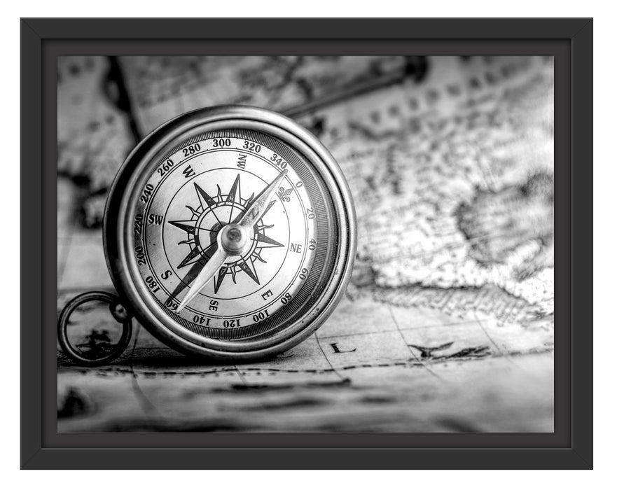 Pixxprint Alter Kompass auf Weltkarte, Monochrome, im Schwebe-Effekt Bilderrahmen