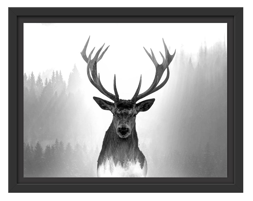 Pixxprint Nahaufnahme Hirsch im Nebelwald abstrakt, Monochrome, im Schwebe-Effekt Bilderrahmen