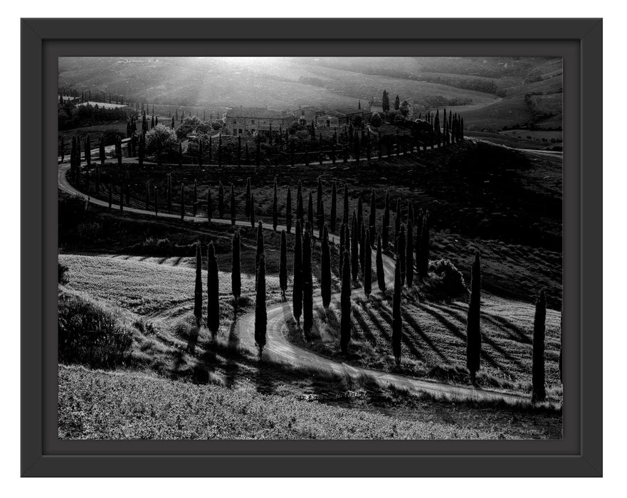Pixxprint Straße in der Toskana im Sonnenuntergang, Monochrome, im Schwebe-Effekt Bilderrahmen
