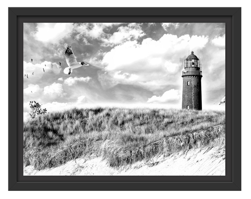 Pixxprint Möwen fliegen am Meer vor Leuchtturm, Monochrome, im Schwebe-Effekt Bilderrahmen
