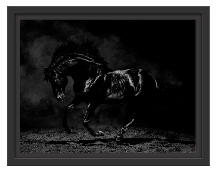 Pixxprint Edles galoppierendes schwarzes Pferd, Monochrome, im Schwebe-Effekt Bilderrahmen