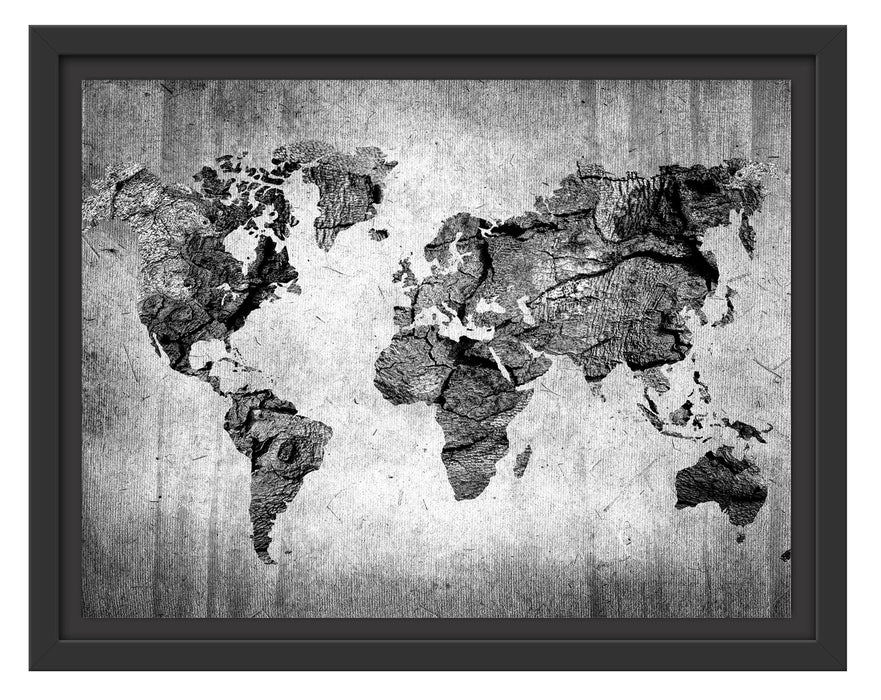 Pixxprint Weltkarte auf altem Holz, Monochrome, im Schwebe-Effekt Bilderrahmen