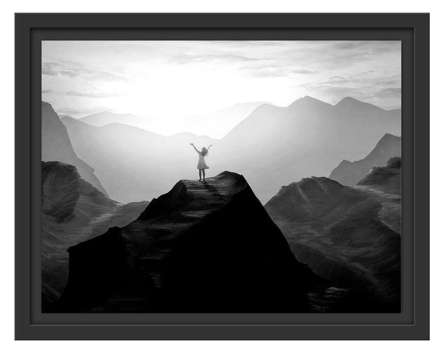 Pixxprint Einsame Frau auf Felszug Anbetung, Monochrome, im Schwebe-Effekt Bilderrahmen