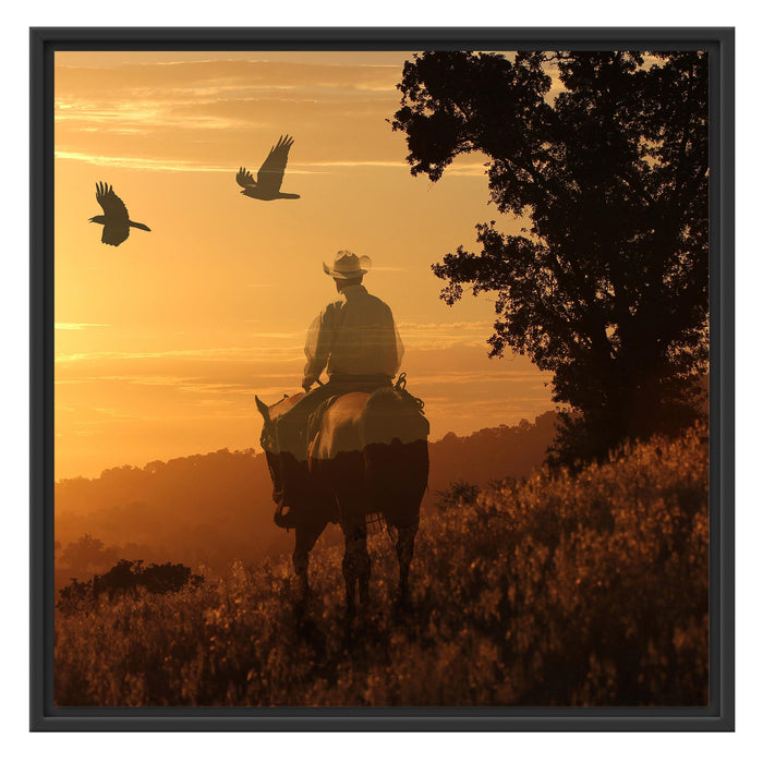 Ein Cowboy im Sonnenuntergang Schattenfugenrahmen Quadratisch 70x70