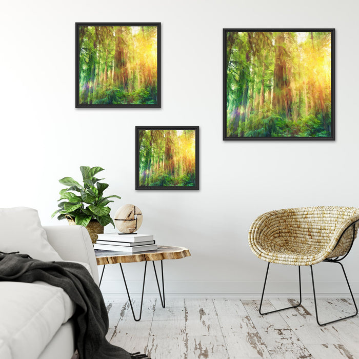 Wald bei Sonnenlicht Kunst Quadratisch Schattenfugenrahmen Wohnzimmer