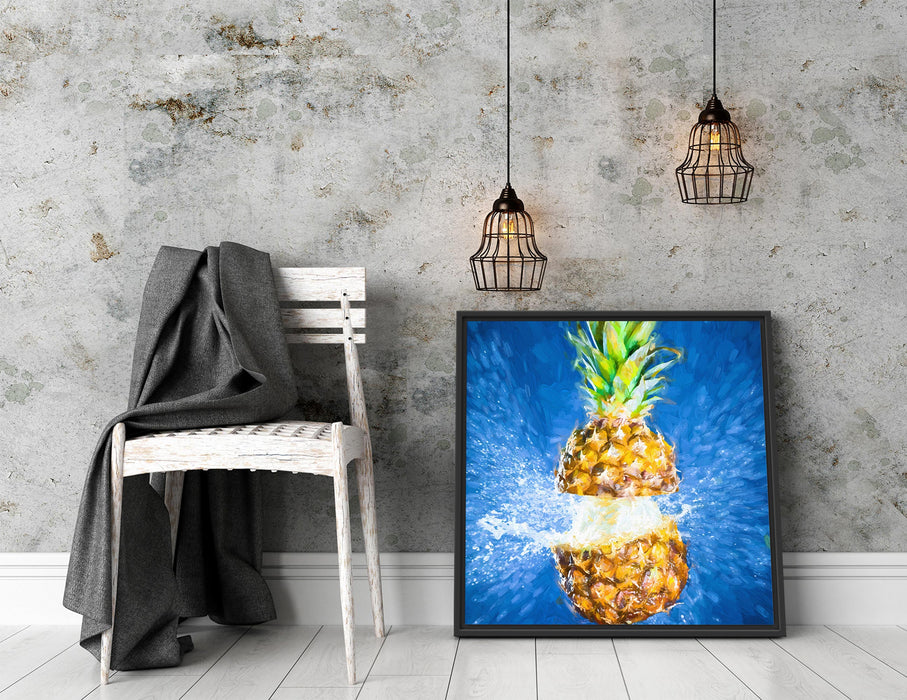 Ananas mit Wasser bespritzt Kunst Quadratisch Schattenfugenrahmen Dekovorschlag