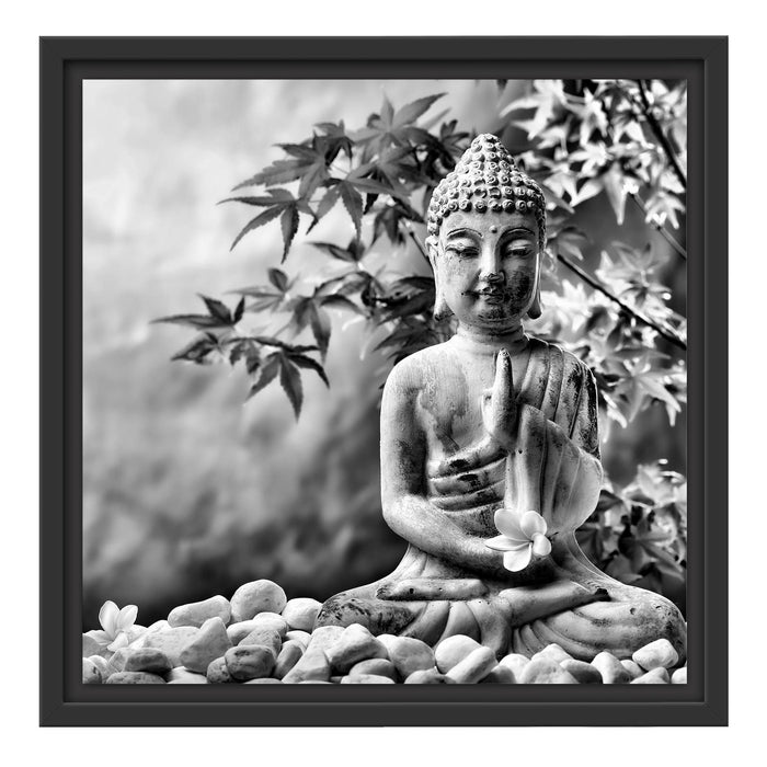 Buddha auf Steinen mit Monoi Blüte Schattenfugenrahmen Quadratisch 40x40