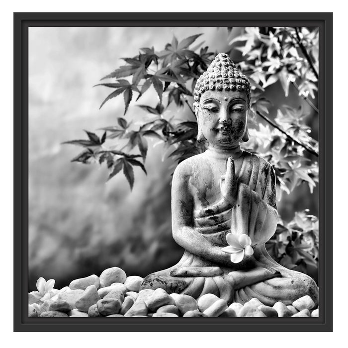 Buddha auf Steinen mit Monoi Blüte Schattenfugenrahmen Quadratisch 55x55