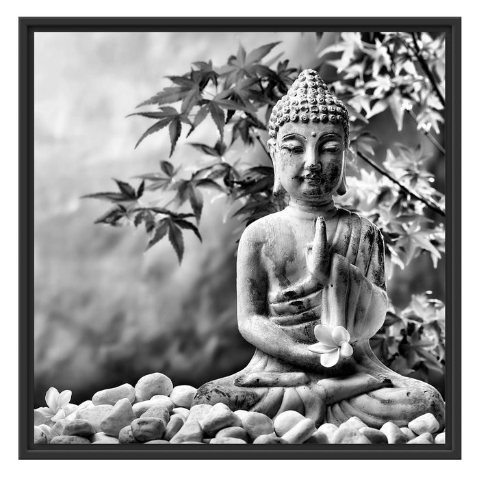 Buddha auf Steinen mit Monoi Blüte Schattenfugenrahmen Quadratisch 70x70