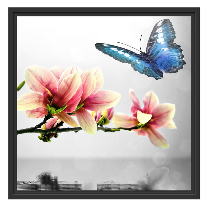 Schmetterling mit Magnolien-Blüte Schattenfugenrahmen Quadratisch 55x55