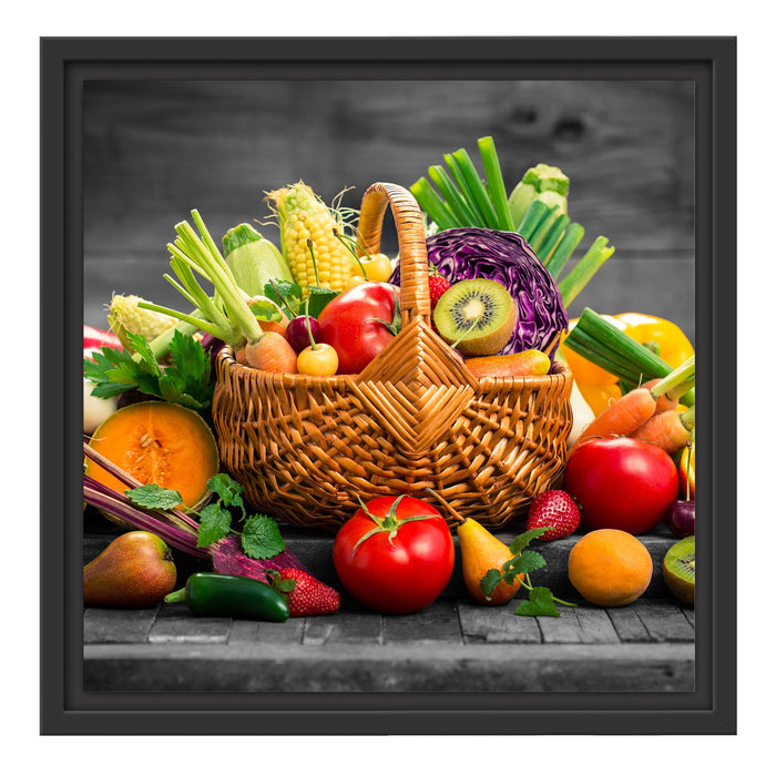 Frisches Obst und Gemüse im Korb Schattenfugenrahmen Quadratisch 40x40
