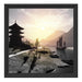 asiatischer Tempel an Fluss B&W Schattenfugenrahmen Quadratisch 40x40