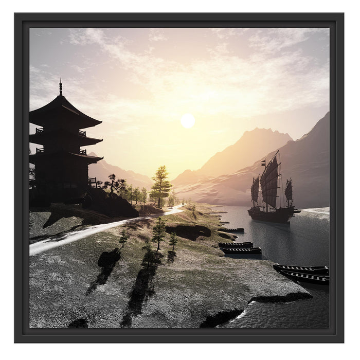 asiatischer Tempel an Fluss B&W Schattenfugenrahmen Quadratisch 55x55