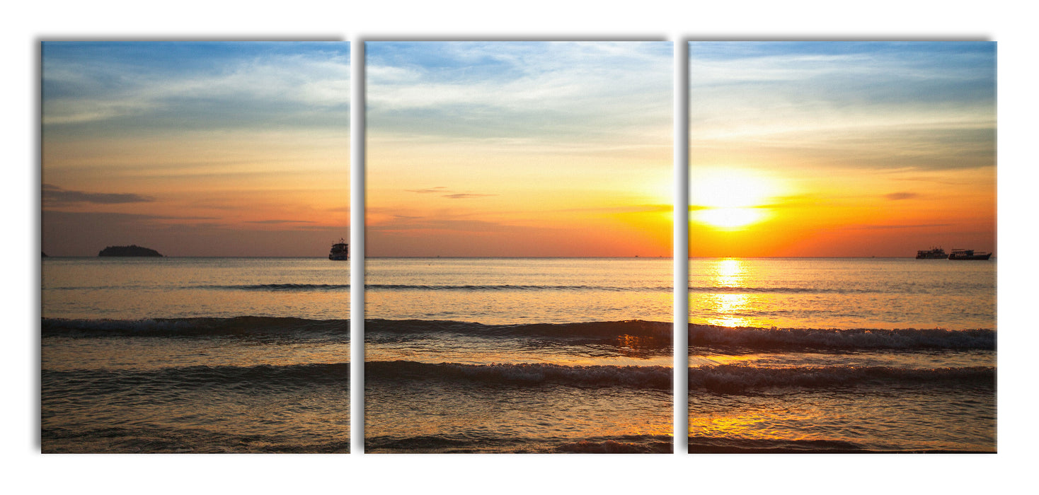 Strand Sonnenuntergang wunderschön, XXL Leinwandbild als 3 Teiler