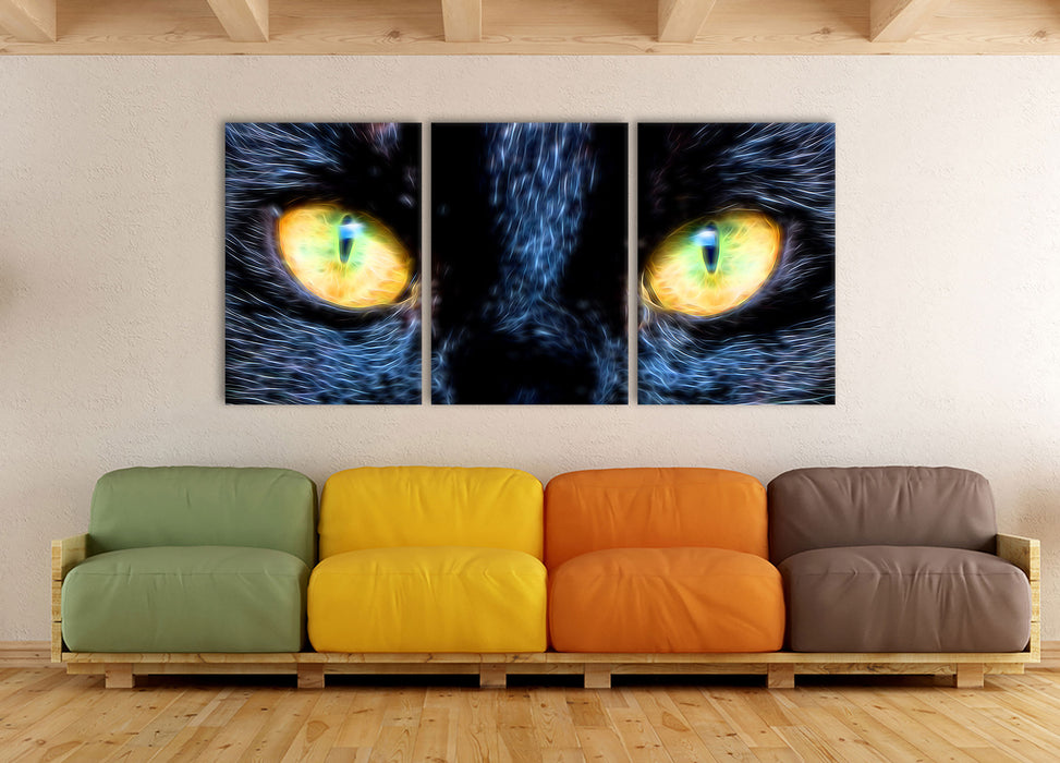Schwarze Katze mit gelben Augen, XXL Leinwandbild als 3 Teiler