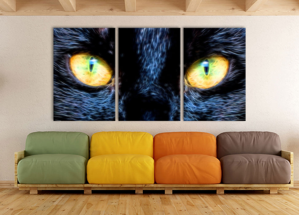 Schwarze Katze mit gelben Augen, XXL Leinwandbild als 3 Teiler