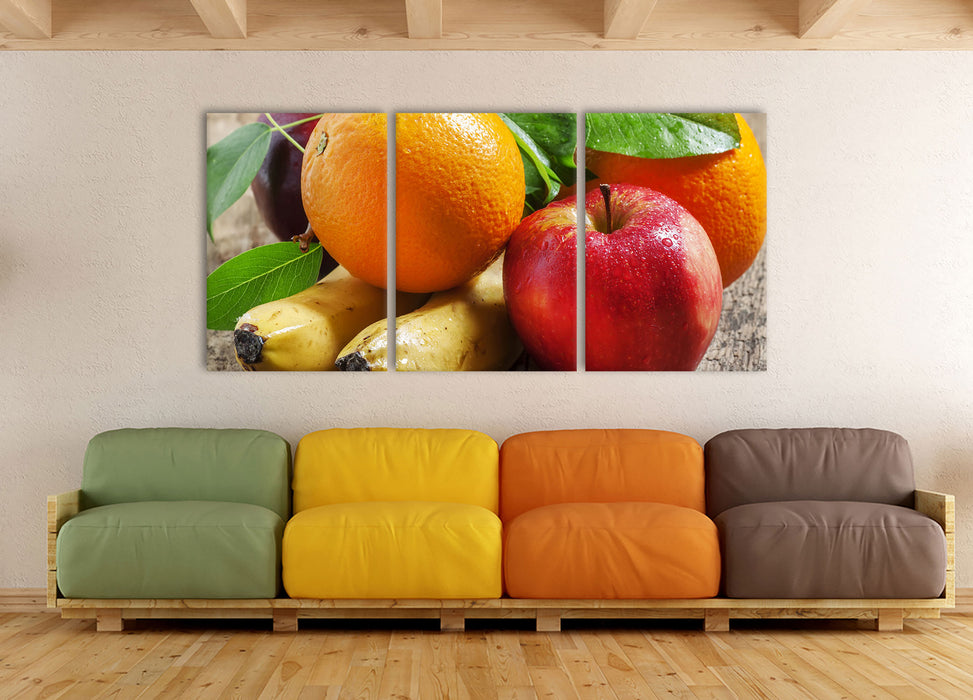 Frisches leckeres Obst, XXL Leinwandbild als 3 Teiler