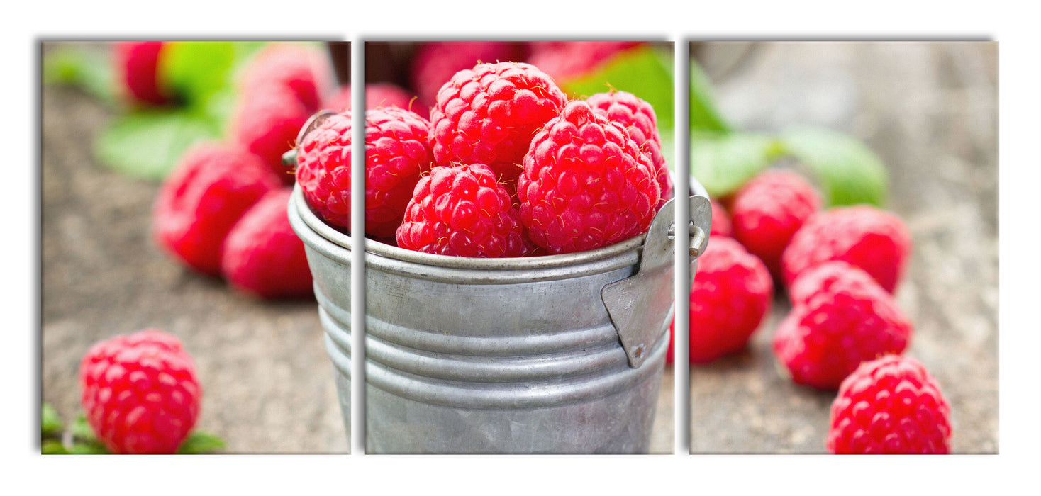 Eimer mit frischer Himbeeren, XXL Leinwandbild als 3 Teiler