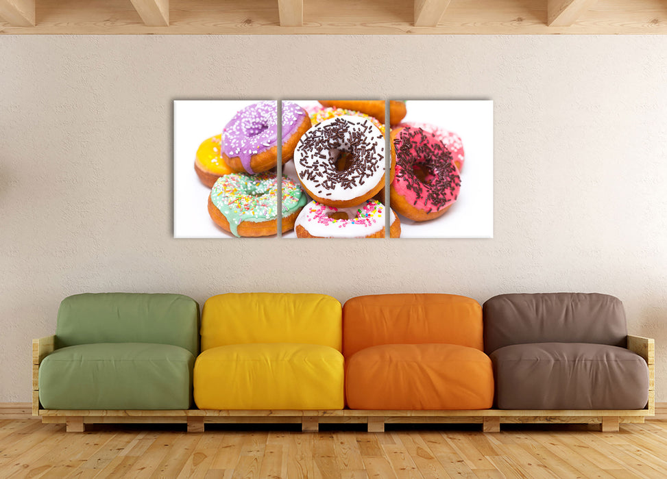 Leckere bunte Donuts, XXL Leinwandbild als 3 Teiler