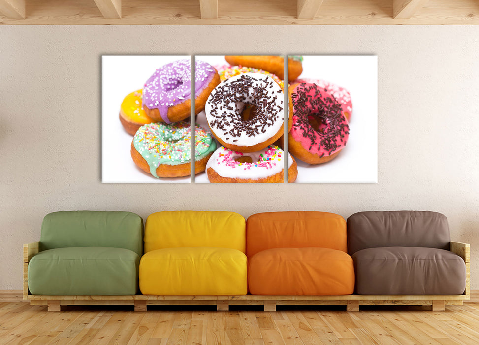 Leckere bunte Donuts, XXL Leinwandbild als 3 Teiler