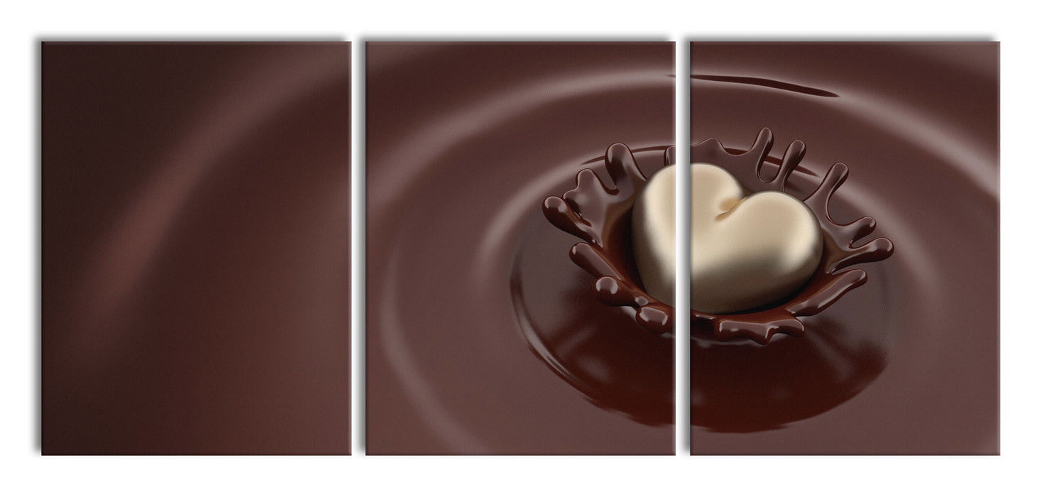 Goldherz fällt in Schokolade, XXL Leinwandbild als 3 Teiler