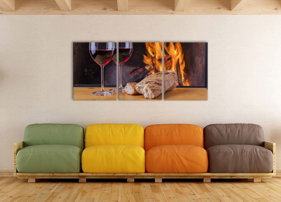 Zwei Gläser Wein mit Baguette, XXL Leinwandbild als 3 Teiler