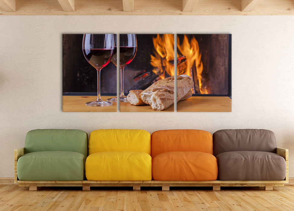 Zwei Gläser Wein mit Baguette, XXL Leinwandbild als 3 Teiler