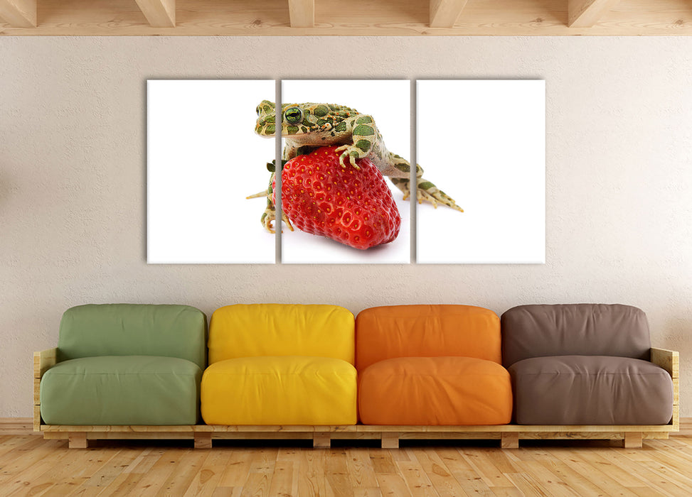 Kleiner Frosch sitzt auf Erdbeere, XXL Leinwandbild als 3 Teiler