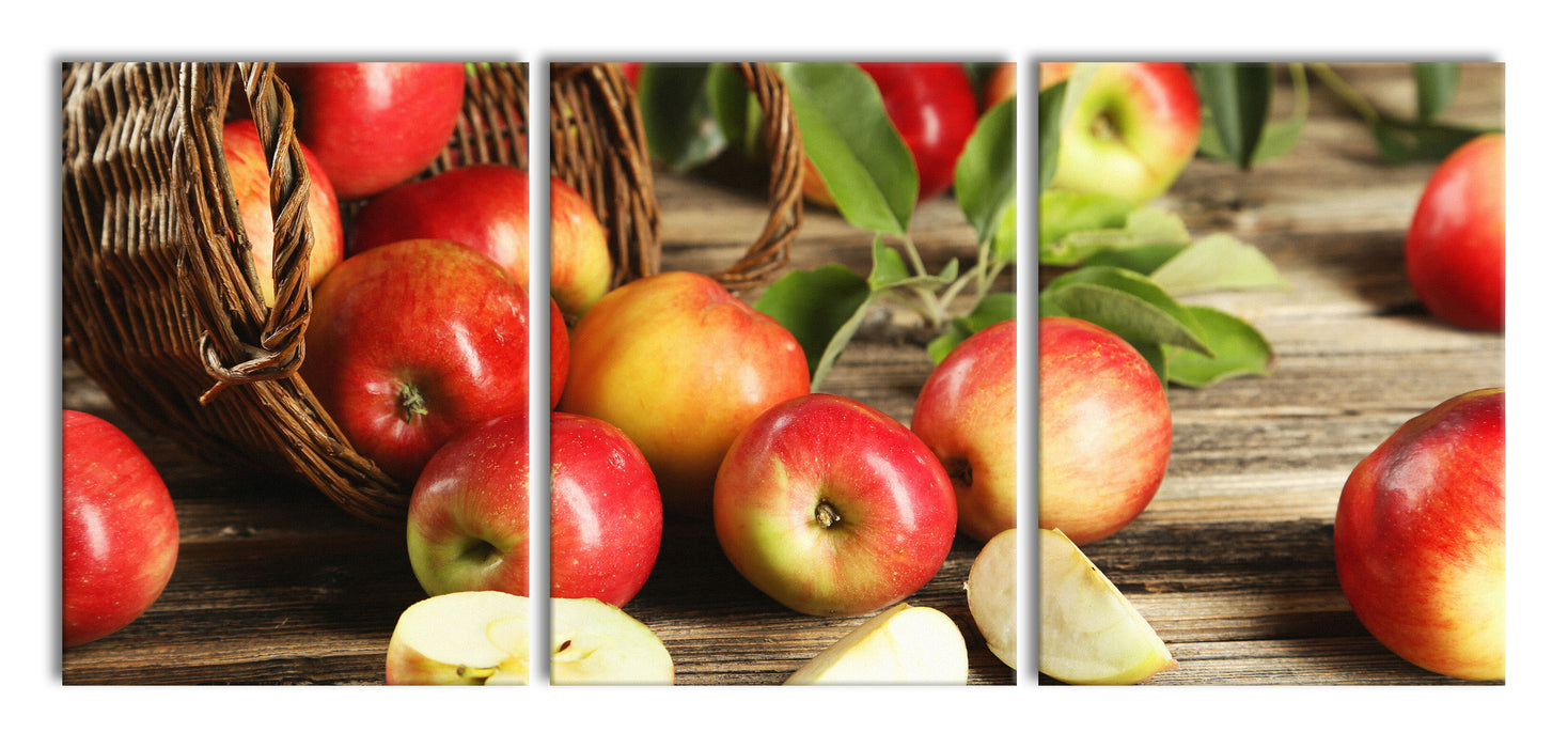 Korb mit Äpfeln, XXL Leinwandbild als 3 Teiler