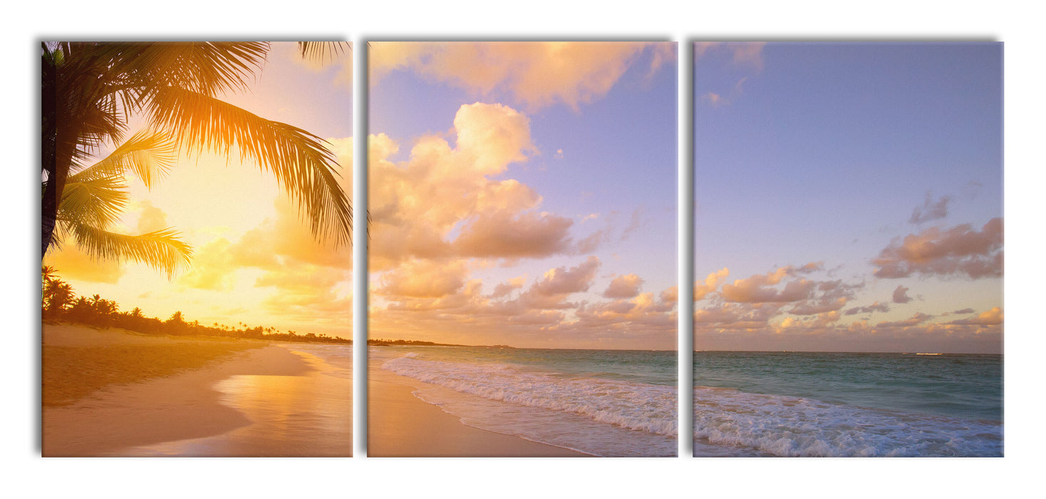 Strand bei Sonnenuntergang, XXL Leinwandbild als 3 Teiler