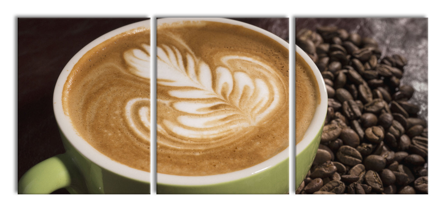 Cappucino zwischen Kaffeebohnen, XXL Leinwandbild als 3 Teiler