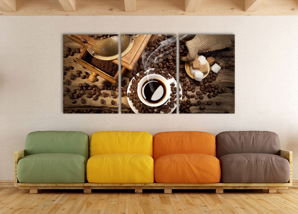 Kaffee mit Kaffeemühle, XXL Leinwandbild als 3 Teiler