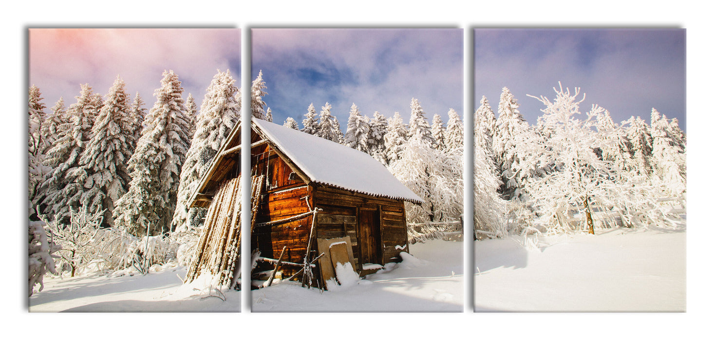 Holzhütte im Schnee, XXL Leinwandbild als 3 Teiler