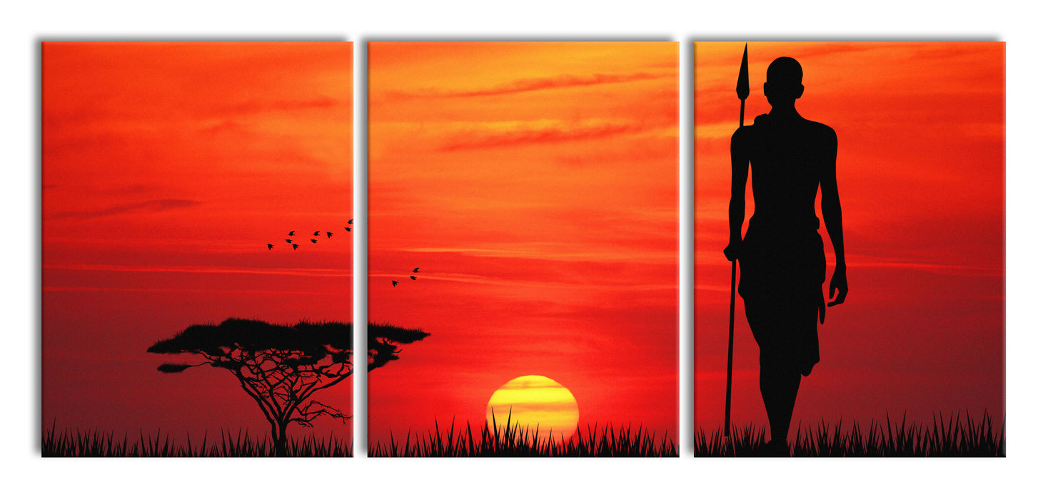 Roter Sonnenuntergang in Afrika, XXL Leinwandbild als 3 Teiler