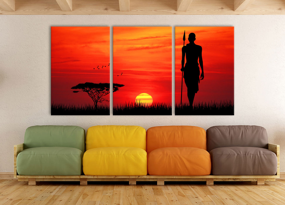 Roter Sonnenuntergang in Afrika, XXL Leinwandbild als 3 Teiler