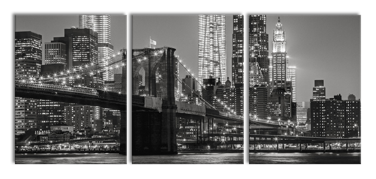 New York City Skyline bei Nacht, XXL Leinwandbild als 3 Teiler