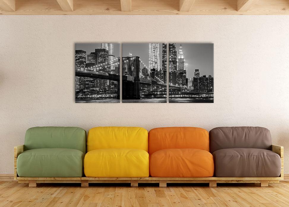 New York City Skyline bei Nacht, XXL Leinwandbild als 3 Teiler