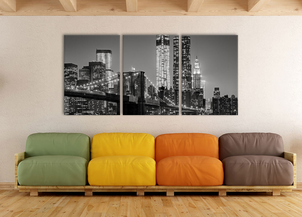 New York City Skyline bei Nacht, XXL Leinwandbild als 3 Teiler