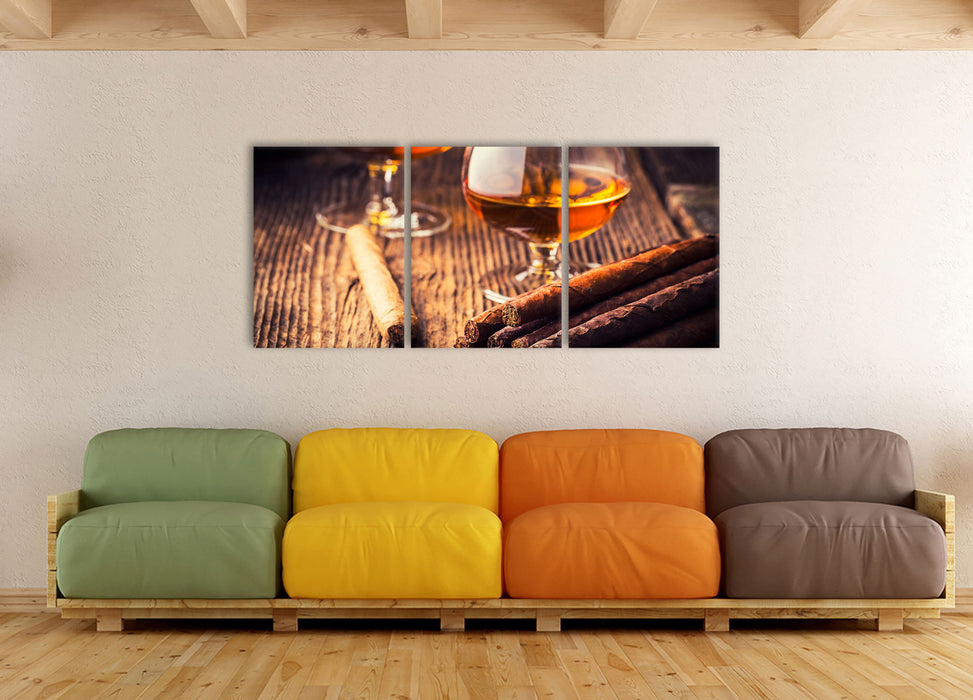 Whisky und Zigarre, XXL Leinwandbild als 3 Teiler