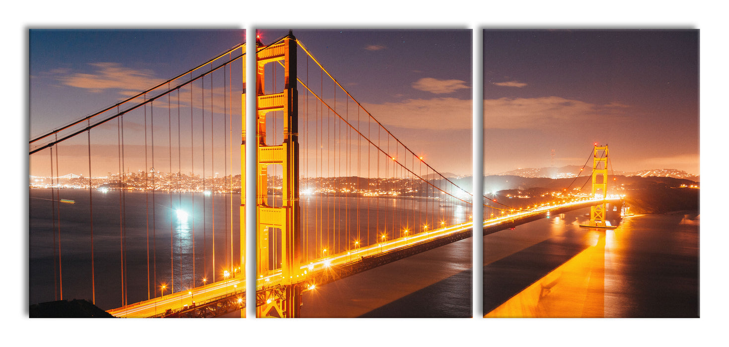 Golden Gate Bridge bei Nacht, XXL Leinwandbild als 3 Teiler