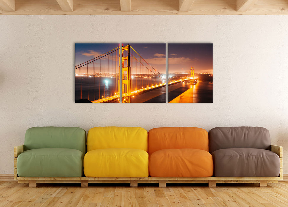 Golden Gate Bridge bei Nacht, XXL Leinwandbild als 3 Teiler