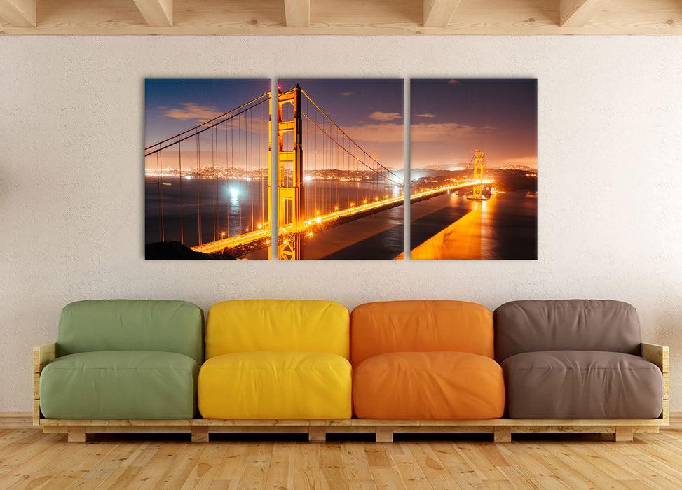 Golden Gate Bridge bei Nacht, XXL Leinwandbild als 3 Teiler